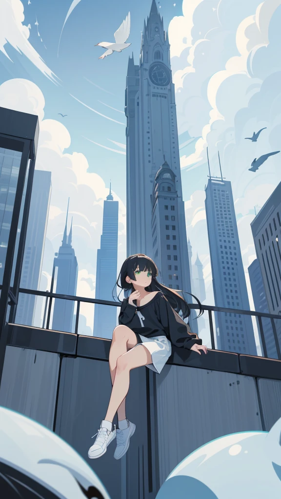 masterpiece, Exquisite detail,Highest quality, One girl, alone, handrail, cloud, Looking up at the buildings,Long Hair, NULL, Long sleeve, Power lines, White footwear, Black Hair, View your viewers, Electric pole, bangs, cloudy NULL, fish, bird, Green Eyes, Shorts, Day, Black Shirt, barefoot,Whale flying in the sky,Giant whale,night,star,milky way,night,Pitch black,Buildings,Sitting