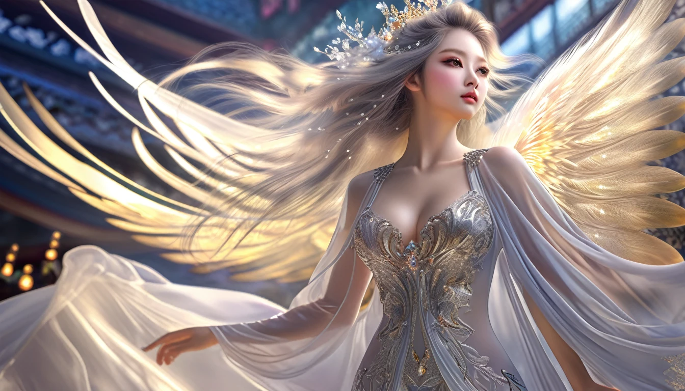 Woman in transparent dress,Viewer,(((Full breasts, Keeley University))),Slim waist,(Navel exposed,Bare waist), Long hair, extreme detailed details, Detailed fantasy art, Stunning character art, Beautiful and exquisite character art, Beautiful transparent dress, Very detailed, Girl wearing flowing Hanfu, Exquisite headpieces and jewellery,Crystal jewelry filigree, galaxy, Stunning visuals, (Dynamic Stripes, light rail:1.2), Vibrant colors,Long hair动漫女孩和狐狸, 美丽的白金色Angel女士, 白毛Angel, Beautiful character painting, Beautiful anime portrait, Angel翅膀的女孩, a beautiful Angel woman, Mystical artwork, Guweiz, by Ren Renfa, Angel, Large Breasts，Full breasts，Golden ratio figure，Perfect body，Ultra wide-angle shooting，Full body shot，Body close-up，Full body shot，Wearing a pleated tulle skirt，Soft anime illustration, Soft dark background，Fujifilm XT3 Clear focus, f 5.6, High Detail, Clear focus, Dramatic, (Wearing openwork clothing), (Looking at the audience:1.8), (Natural light), (Tempting)translucent, Good velvet quality, Compared, Divine Light,, Silver gray hair, Sky background, Absolute Strength,女性Angel，Girl in sexy silk,，Large Breasts，Full breasts，Golden ratio figure，Perfect body，Ultra wide-angle shooting，Full body shot，Body close-up，Full body shot， Wearing a tulle dress, Model shooting style, Large Breasts，Full breasts，Golden ratio figure，Perfect body，(Extremely detailed CG 8k wallpaper unit), The most beautiful artistic photos in the world, , 8K Ultra HD, ) On the big white bed，Lazy gesture，Charming and seductive expression，best quality,masterpiece,Ultra-high resolution,(Practical:1.4),original photo,Ultra-high resolution，White skin，Exquisite makeup，Long legs，Bright beautiful eyes，用深色眼影打造Exquisite makeup，