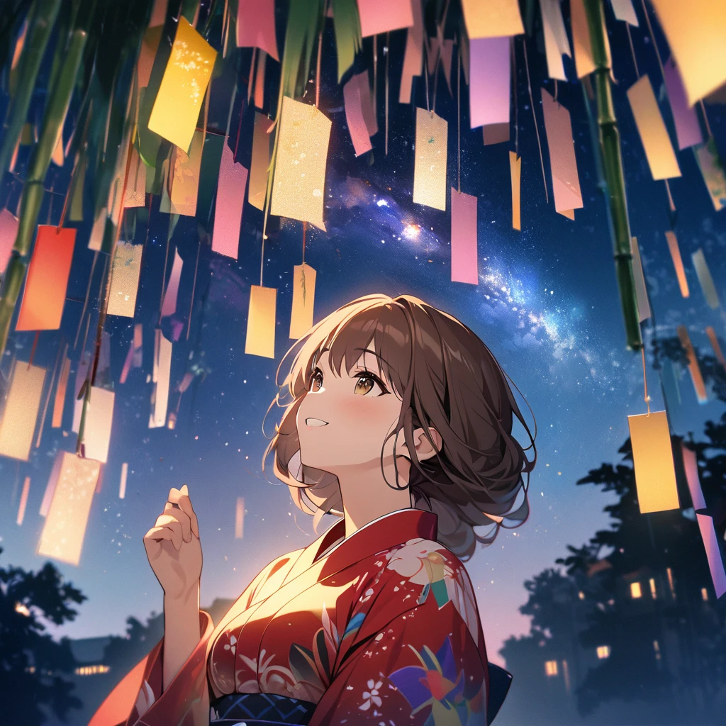 la plus haute qualité, chef-d&#39;œuvre, La fille qui exauce les vœux,cheveux bruns,yeux marrons,double exposition, Le plus beau sourire, regarde le ciel, Yukata, voie Lactée, Vue nocturne, Festival de Tanabata, Grands ornements suspendus en bambou et colorés,Effet de particules de lumière dorée