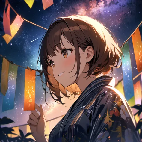 Highest quality, masterpiece, The girl who grants wishes,Brown Hair,Brown eyes,Double exposure, The best smile, Look up at the s...