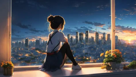 anime girl sitting on a window sill looking out at a city, 4k anime wallpaper, watching the sunset. anime, anime art wallpaper 4...