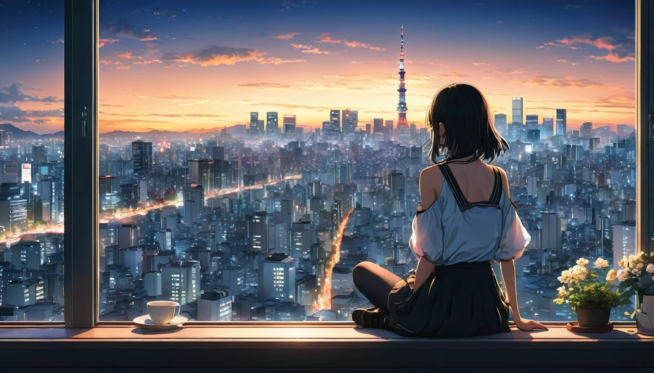 anime girl sitting on a window sill looking out at a city, 4k anime wallpaper, View of Tokyo buildings at night、. anime, anime art wallpaper 4k, anime art wallpaper 4 k, anime art wallpaper 8 k, anime wallpaper 4k, anime wallpaper 4 k, 4K Manga Wallpapers, anime background, anime style 4 k, beautiful anime scene, anime background art