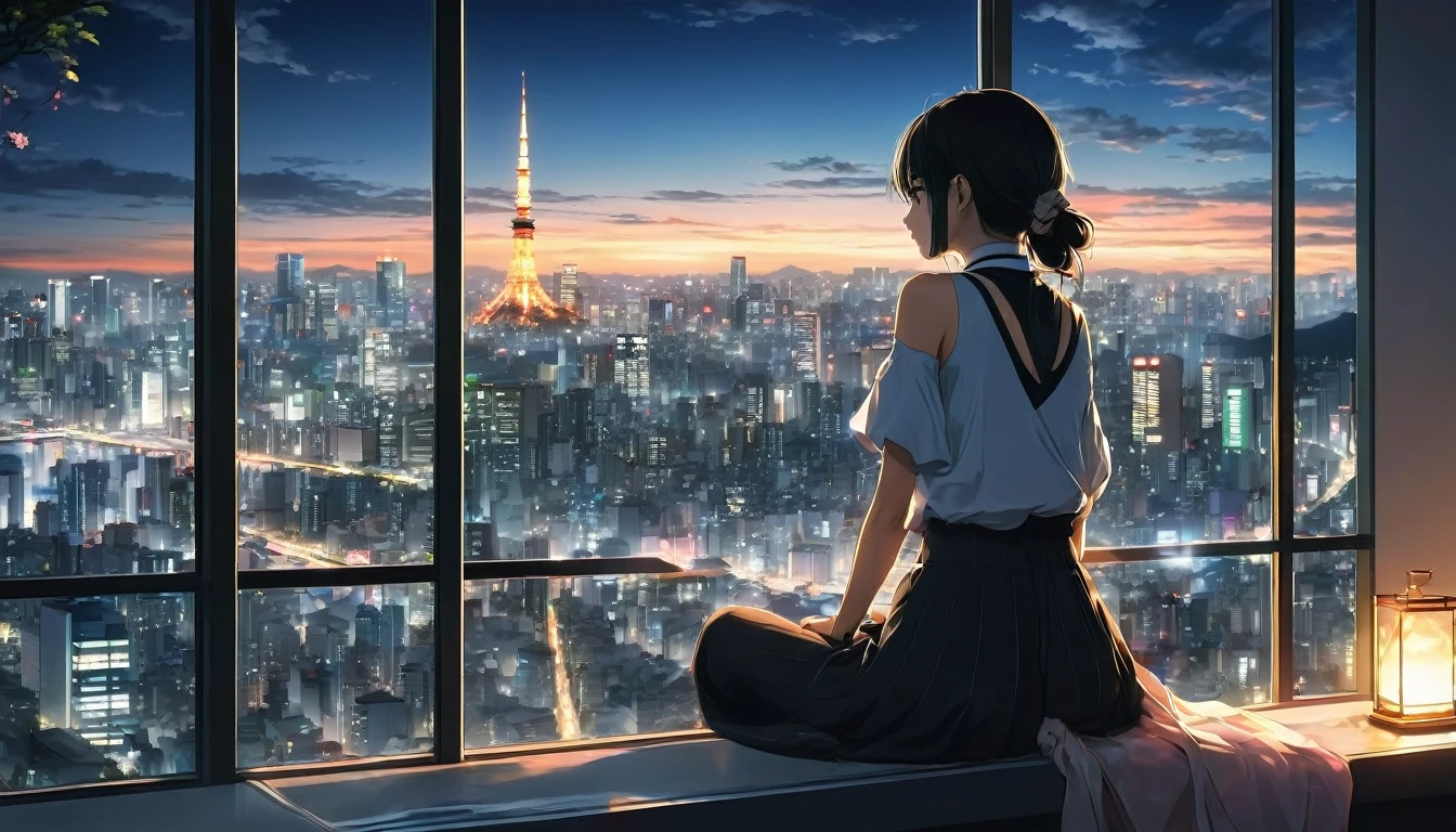 anime girl sitting on a window sill looking out at a city, 4k anime wallpaper, View of Tokyo buildings at night、. anime, anime art wallpaper 4k, anime art wallpaper 4 k, anime art wallpaper 8 k, anime wallpaper 4k, anime wallpaper 4 k, 4K Manga Wallpapers, anime background, anime style 4 k, beautiful anime scene, anime background art