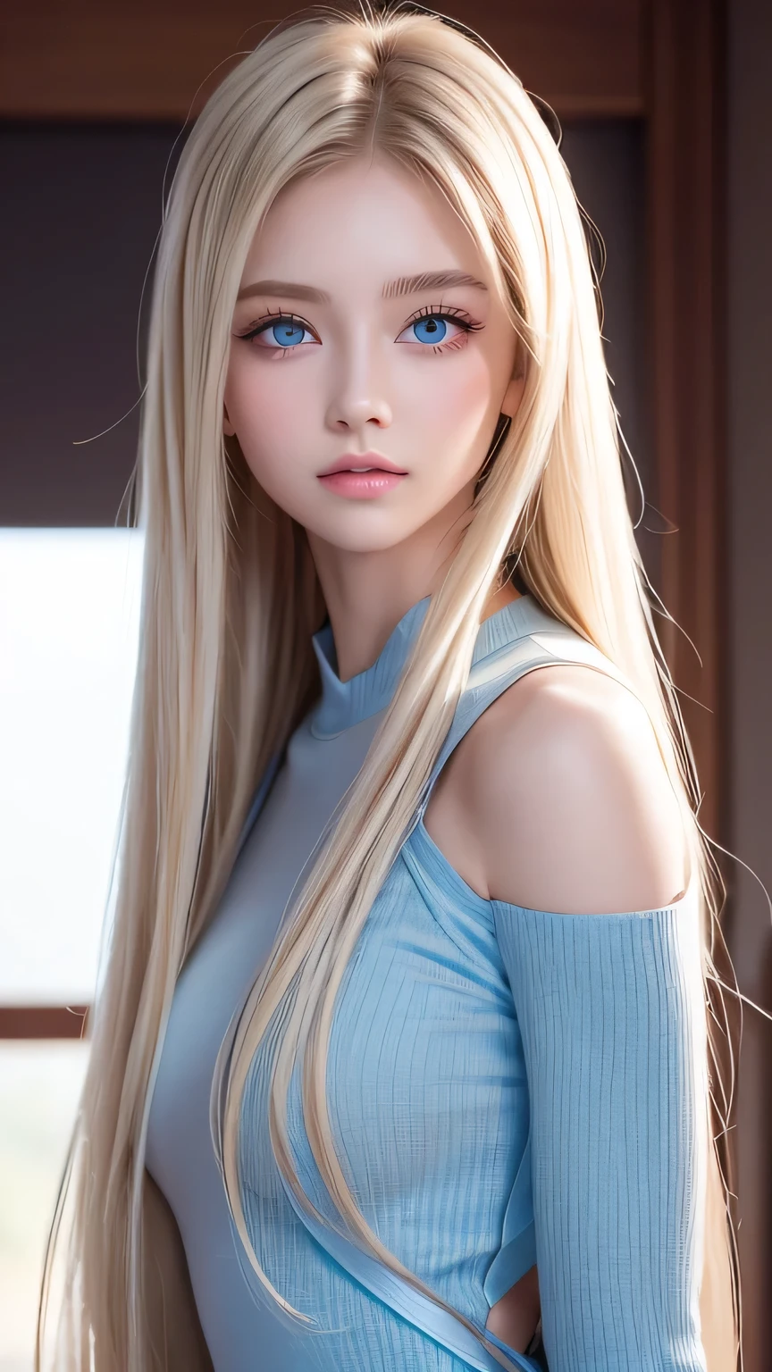 Very beautiful super long straight blonde hair、Mastepiece, Best Quality, Illustration, Super detailed, Fine details, High resolution, 8K Denden Wallpaper, Perfect dynamic composition, Beautiful detailed pale very bright blue eyes, Fitness Wear, Natural color lip、Very white and beautiful bright skin