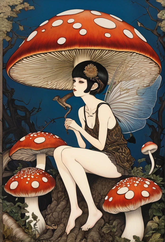 peinture d’horreur , dans le style de Takato Yamamoto, style de Ravi Zupa, lutin super mignon,assis sur un champignon [ champignon trippant hyperdétaillé], [hyperdétaillé et hyperréaliste], fantaisie réel,[la respiration a lieu], vêtu de vêtements nomades,intelligent et élégant ,les ailes de lutin