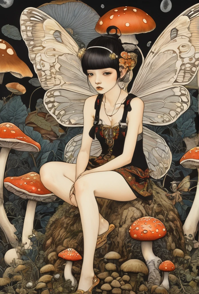 horror painting , in the style of  takato yamamoto, style of Ravi Zupa, super cute pixie,sitting on a mushroom [ hyperdetailed trippy mushroom], [hyperdetailed and hyperrealistic], fantasy real,[breath taking place], dressed in nomad clothing,clever and stylish ,pixie's wings