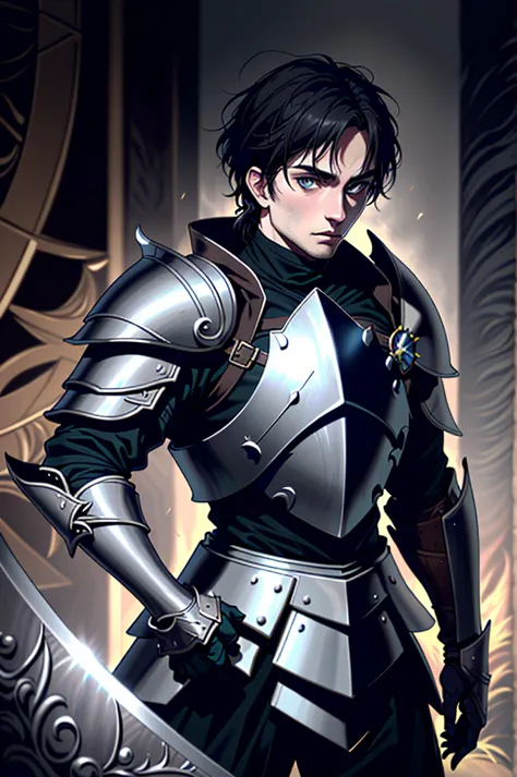 a man in armor holding a sword and a shield, pale black armor, berserk knight black armor, black soul armor concept, knight of d...