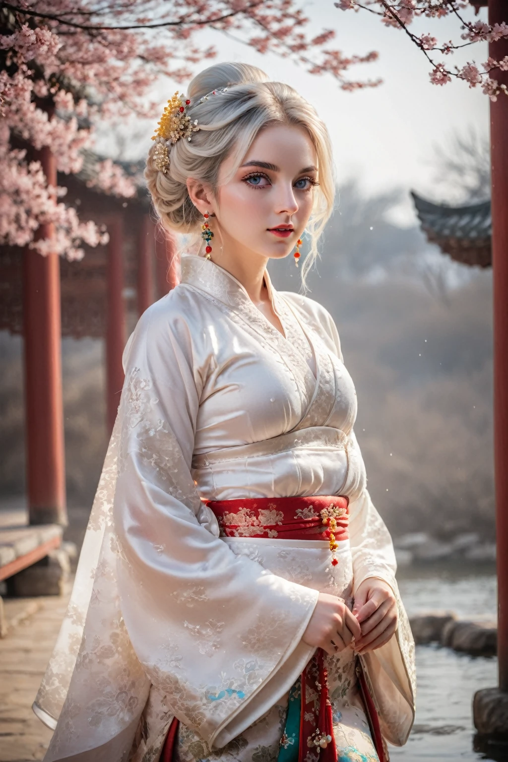 Reality, high resolution, rich and colorful, color splash, splash, 1 girl, Solitary, Hips up, beautiful eyes, White hair, Medium breasts, Exquisite Brocade Hanfu, Gorgeous accessories, Wear pearl earrings