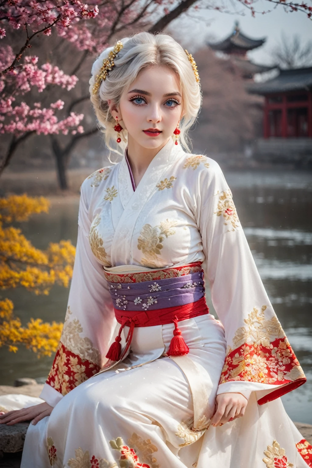 Reality, high resolution, rich and colorful, color splash, splash, 1 girl, Solitary, Hips up, beautiful eyes, White hair, Medium breasts, Exquisite Brocade Hanfu, Gorgeous accessories, Wear pearl earrings