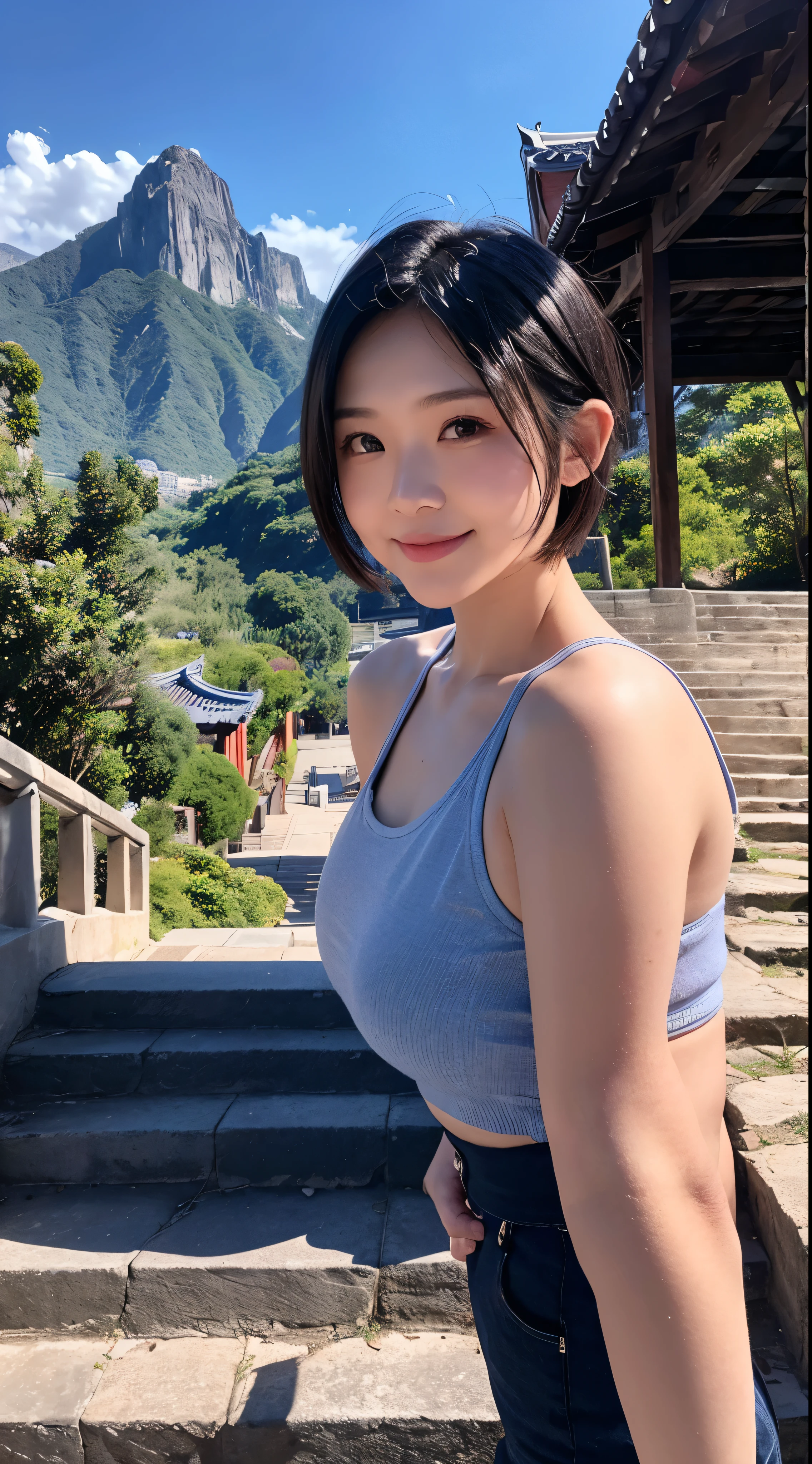 keqingdef, upper body, smile, blush, outdoors, day, simple background, blue sky, short hair, sky, temple, looking at viewer, stairs, mountain, moody lighting, facing viewer,