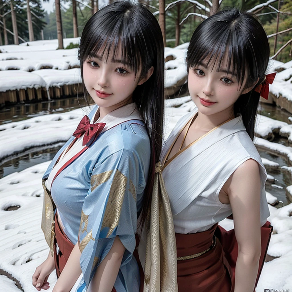 ((8K, RAW Photos, Highest quality, masterpiece)),((Showing the kimono from the obi up：1.5)), High-resolution RAW color photos、

Professional close-up photography, (Realistic, フォトrealism: 1.37), 

(Highest quality), (Best Shadow), (Best illustrations),

High-quality images、Skin Radiance、Texture of skin and clothing、

Expression of fine eyes、Shiny Hair,Long Hair Girl, Manga inspired by Lee Jong-suk, 

Trending on deviantart, realism, detailed manga style, Manga art style,

Perfect Line Drawing, Beautiful line art, digital manga art girl, K-POPアイドル,

 Beautiful brown eyes, Fuller lips, Gorgeous face with attention to detail, 

(Cute Smile), attractive, Innocent, (Perfectly detailed face), 

(Detailed and carefully drawn hand) Photorealistic images, Written boundary depth, 

(Japanese style princess cut hairstyle:1.5), 

best quality, masterpiece, New Year, 

 

Three Japanese high-school cute girls, ((looking straight:1.7)), 



((Kimono with strikingly beautiful colorful colors, red, Silver, gold:1.7)),

((white short scarf:1.2)), ((white feather shawl:1.2)), 


(Japanese-high-school-blazer-uniform:1.5),

 ((Reddish bow tie, with a school bag:1.5)) 

((white short scarf:1.2)), ((white feather shawl:1.2)), 



a short-sleeved Japanese-blue-high-school-sailor-suit,

((Reddish bow tie, with a school bag:1.5)) 



((gently smiling:1.7)), 

((upper arms hidden by clothes and hair:1.5)),

(innocent and pure high-school-girls:1.7)



(separately side by side:1.5), 

shrine background, (mount Fuji:1.3), ((snow))

winter(season), (outdoors:1.5)