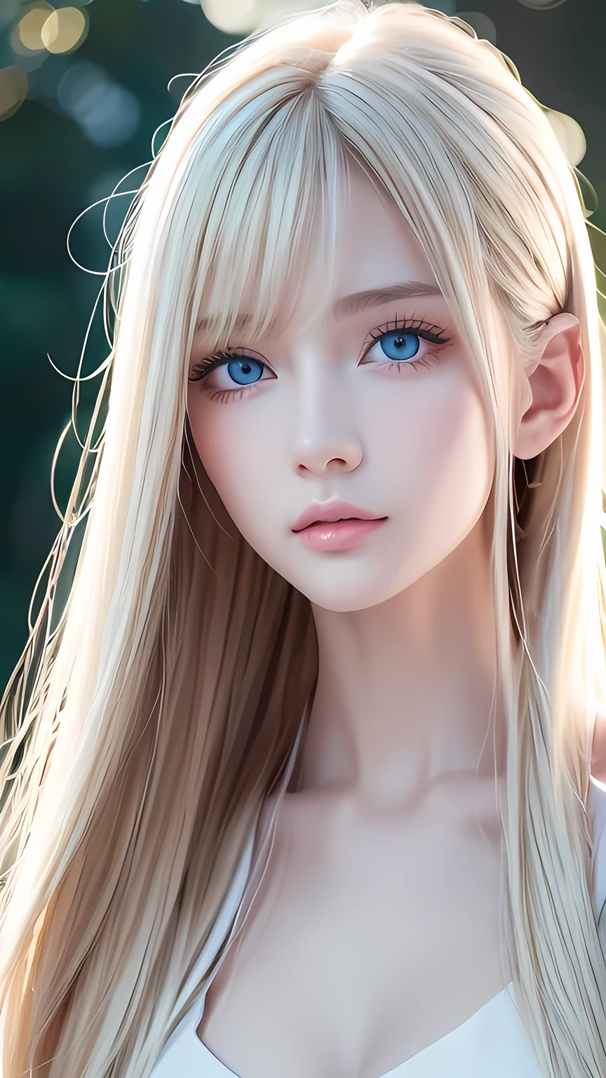Very beautiful super long straight blonde hair、Bangs left between the eyeastepiece, Best Quality, Illustration, Super detailed, Fine details, High resolution, 8K Denden Wallpaper, Perfect dynamic composition, Beautiful detailed pale very bright blue eyes, Fitness Wear, Natural color lip、Very white and beautiful bright skin