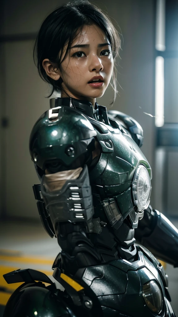 peau texturée, très détaillé, Attention au détail, Haute qualité, 最Haute qualité, haute résolution, 1080P, disque dur, Beau,(machine de guerre),Beauサイボーグ女性,Mecha Cyborg Fille,mode de combat,Fille au corps mécanique　cheveux noirs　Garçon aux cheveux courts　Armure vert foncé　Visage en sueur et mouillé　(Être projeté contre un mur)(Le couvre-chef se casse et s&#39;envole)　(Les débris s&#39;envolent)Vapeur sortant de la tête　Vapeur sortant de tout le corps　Expression douloureuse　S&#39;il te plaît ouvre grand ta bouche　Un couvre-chef bien ajusté　Costume intérieur noir　portrait complet du corps　Masque à gaz avec une longue buse（devant）