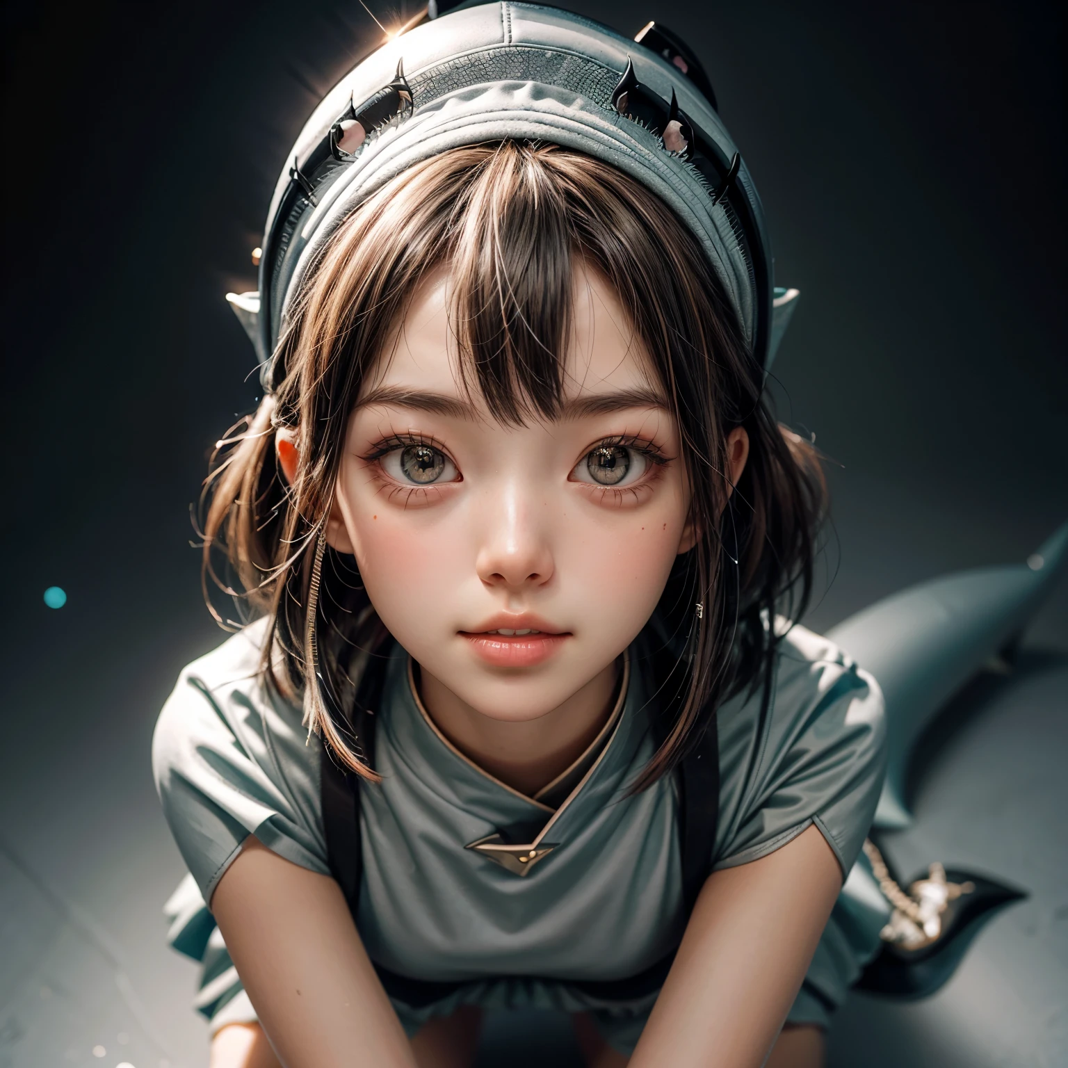  ((Skinny Shark BodySuit, (Stuffed shark head cap)with big WhiteTeeth)), 8k, High-level, absurd, masterpiece, best quality, primitive, very detailed CG, very detailed wallpaper, perfect lighting, Extremely detailed ((( personifying " Shark" as a Little Girl))), MysticSight, Tyndall effect, Tyndall scattering, (Studio gray background with (Overflowing oodles Dazzling RainbowColorParticles (BokeH))), (BloodRed short hair, RoundlyButts, Leg Fins installed), (Exposed:0.4), (Assfocus with looking ahead) BREAK  (Acutance:0.88), (NOGIZAKA face variations) Extremely Detailed very KAWAII face variations, perfect anatomy, Childish, CaptivatingGaze ElaboratePupils detailed Eyes with (sparkling highlights:1.28), (Voluminous LongEyelashes:0.88)、GlossyRED Lips with beautiful details, RosyCheeks, Radiant PearlSkin with Transparency . { (Dynamic LifeLike expressions:1.4) | (:d) }, (large eyes:-1) . ((animal ears:-1.2))