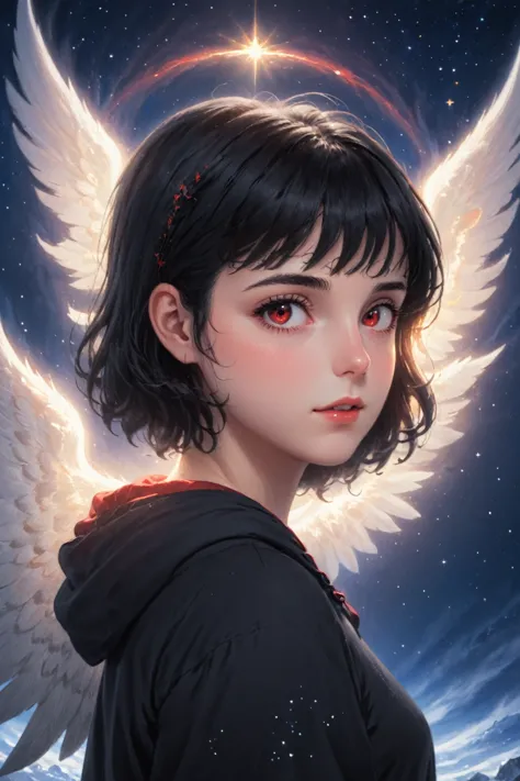 Moderate，(high resolution,8K,close up,samdoesarts style,black short hair,Red Eyes,Detailed facial features,Starry night sky) Hig...