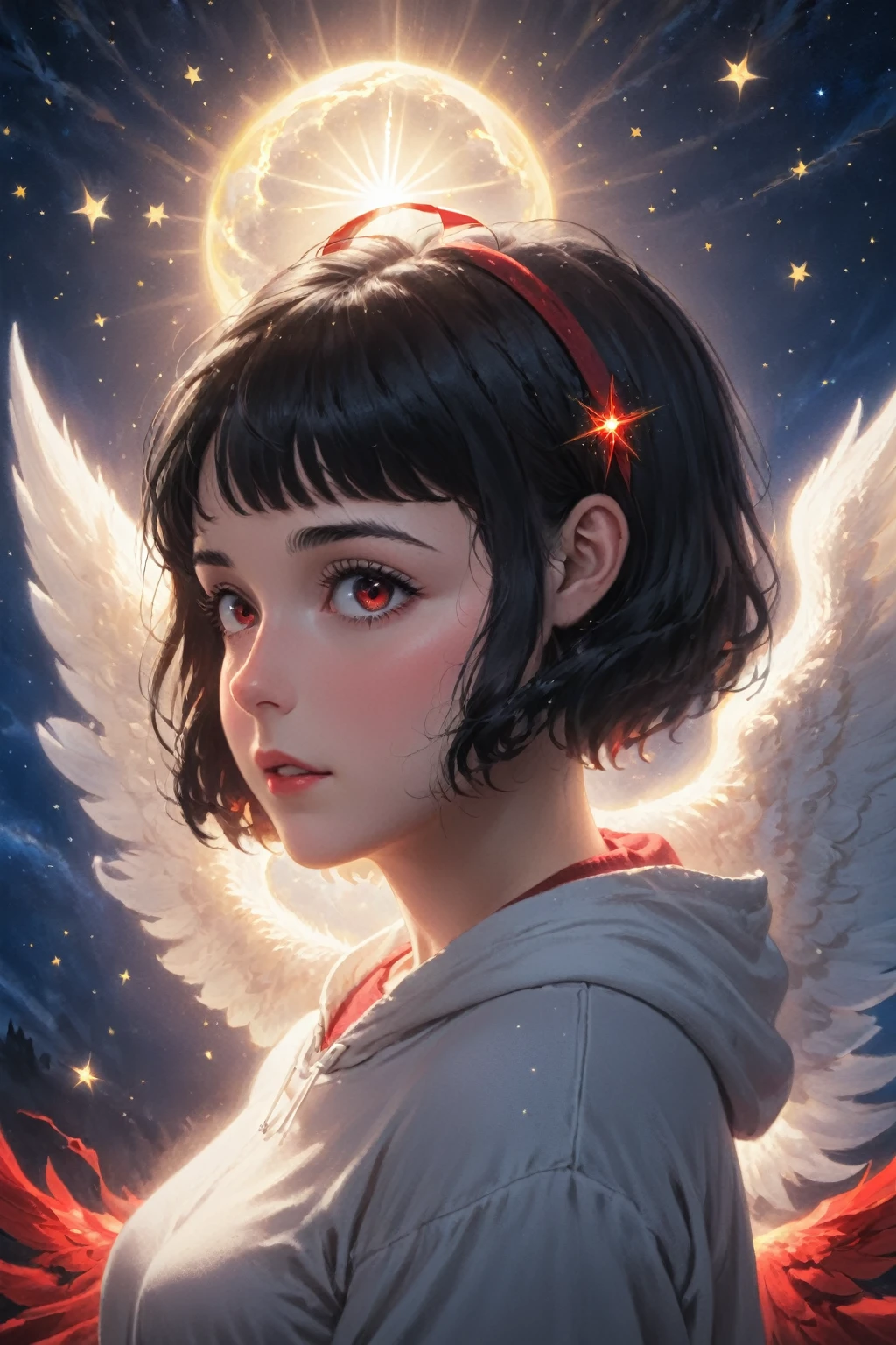 Moderate，(high resolution,8K,close up,samdoesarts style,black short hair,Red Eyes,Detailed facial features,Starry night sky) High Detail,8K,close up,samdoesarts style,(((a woman with short Black Hair and Red Eyes))),((with Detailed facial features)),背景是Starry night sky和银河,1 Girl,beautiful girl,teenager,White_skin,shining_skin,charm,full,Thin face,Air bangs,short hair,Black Hair,Red Eyes,Half closed eyes,hoodie,full_shooting,(Sunlight),(Angel),Dynamic Angle, floating, wing, Halo, floating White silk,(Holy Light),Silver Star,