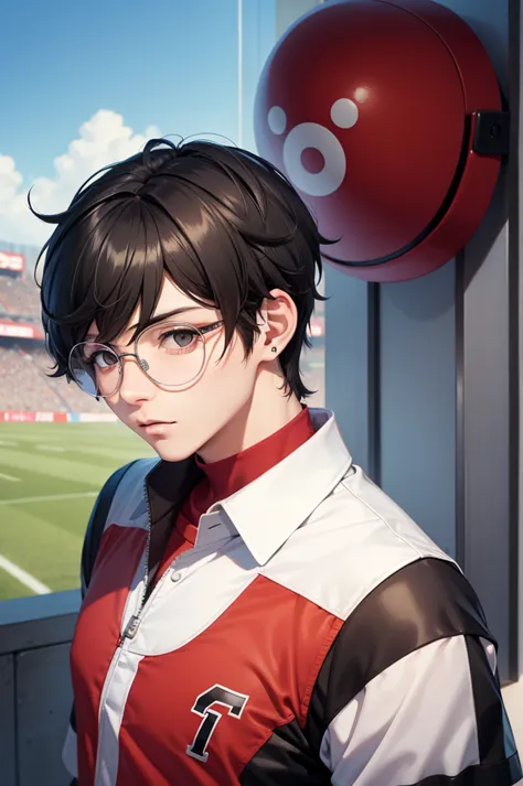 Ren Amamiya Persona,Boy Anime,football uniform, glasses, headphones on head