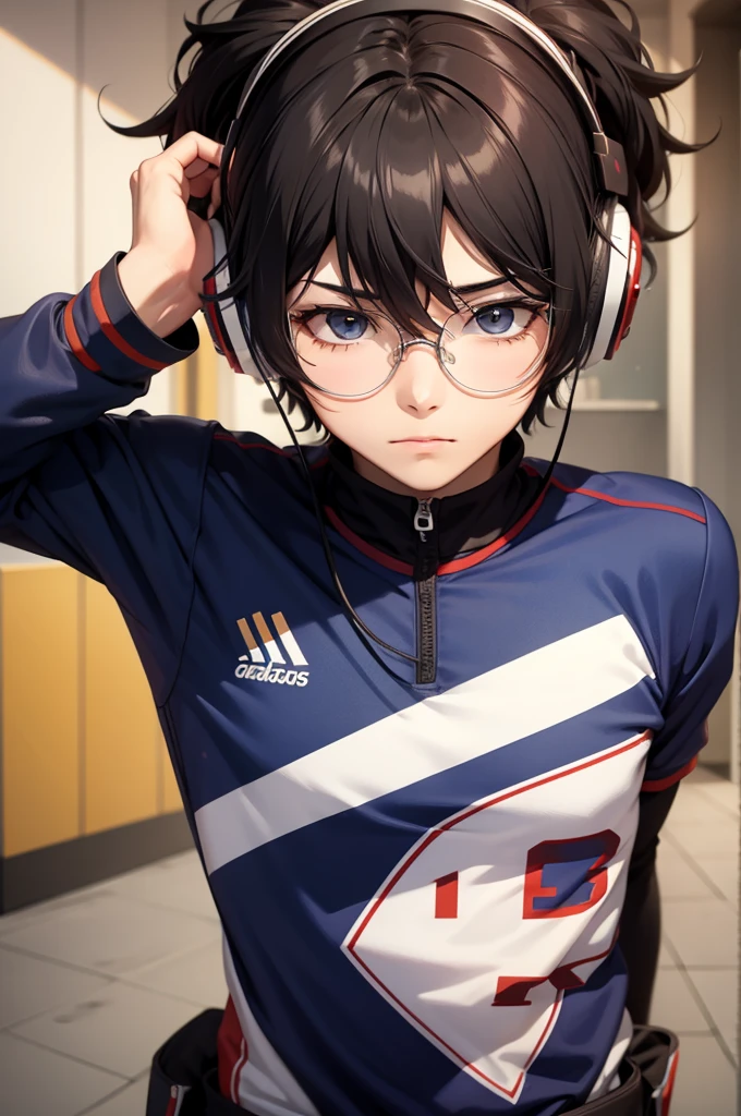 Ren Amamiya Persona,Garçon Anime,uniforme de football, Lunettes, écouteurs sur la tête