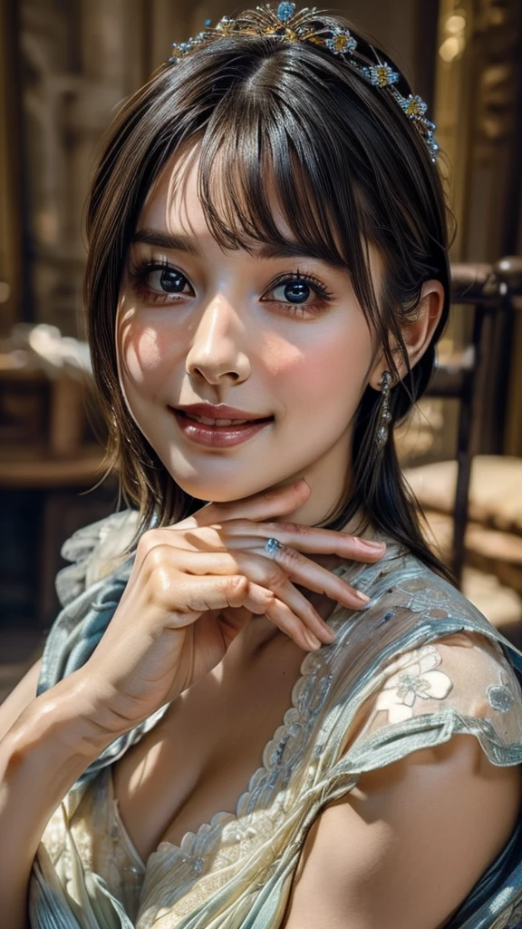 (high quality , Super detailed:1.2 ) , (Highly detailed beautiful face:1.4), ((Highest quality)), ((masterpiece)),((realistic:1.4)),smile ,beautiful woman, (be familiar with), perfect face、(8K, highest quality, masterpiece:1.2),(ultra high resolution:1.0),((Natural big breasts:1.2))