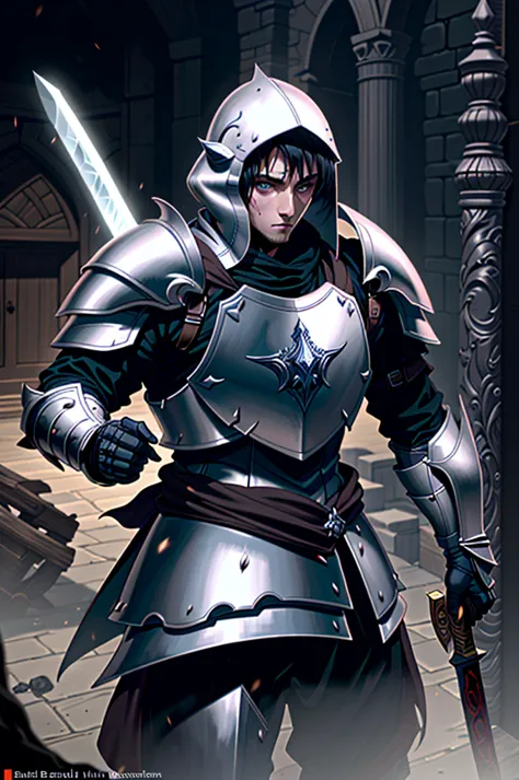 a man in armor holding a sword and a shield, pale black armor, berserk knight black armor, black soul armor concept, knight of d...