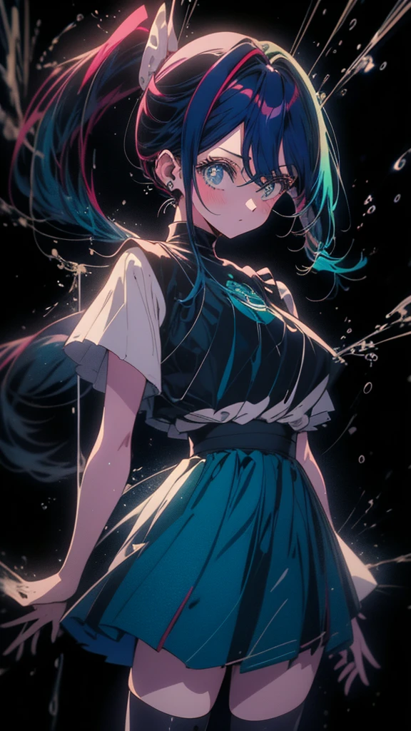 Blue-haired side ponytail，Design clothing，Seven-doppelganger shot，Anime style 4K，Anime girl with teal hair，High quality anime art style，Standing painting，Splash ink background，Blue Themes。