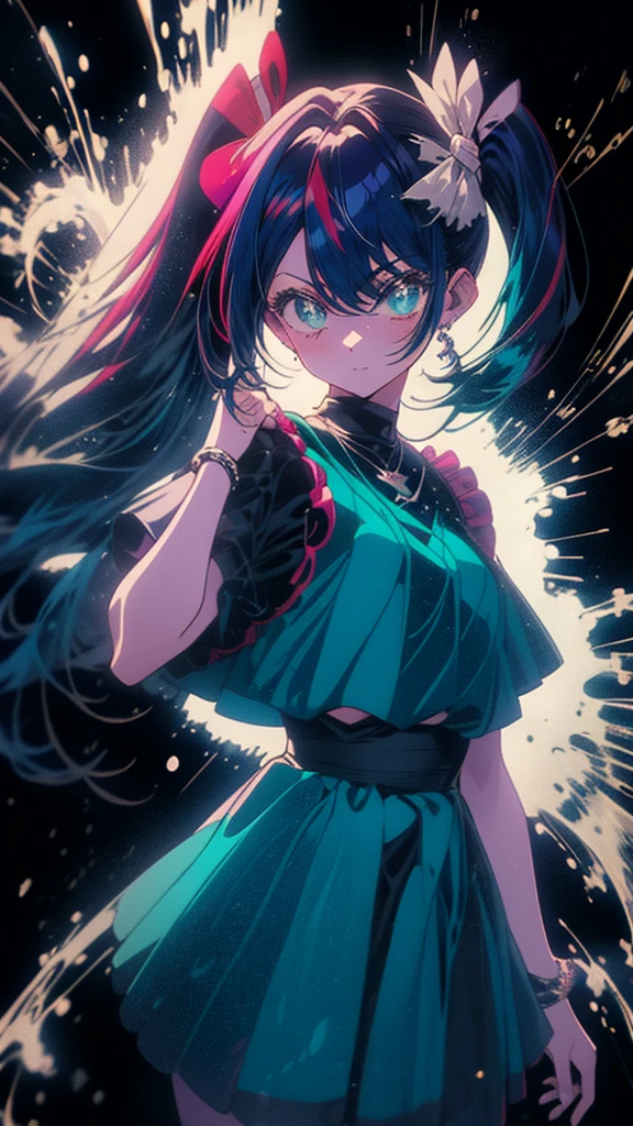 Blue-haired side ponytail，Design clothing，Seven-doppelganger shot，Anime style 4K，Anime girl with teal hair，High quality anime art style，Standing painting，Splash ink background，Blue Themes。