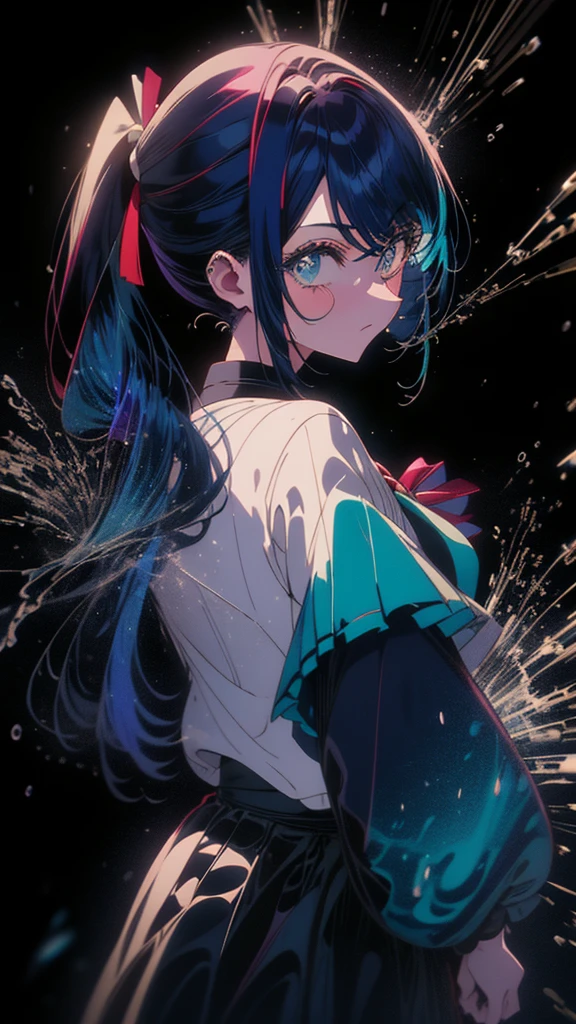 Blue-haired side ponytail，Design clothing，Seven-doppelganger shot，Anime style 4K，Anime girl with teal hair，High quality anime art style，Standing painting，Splash ink background，Blue Themes。