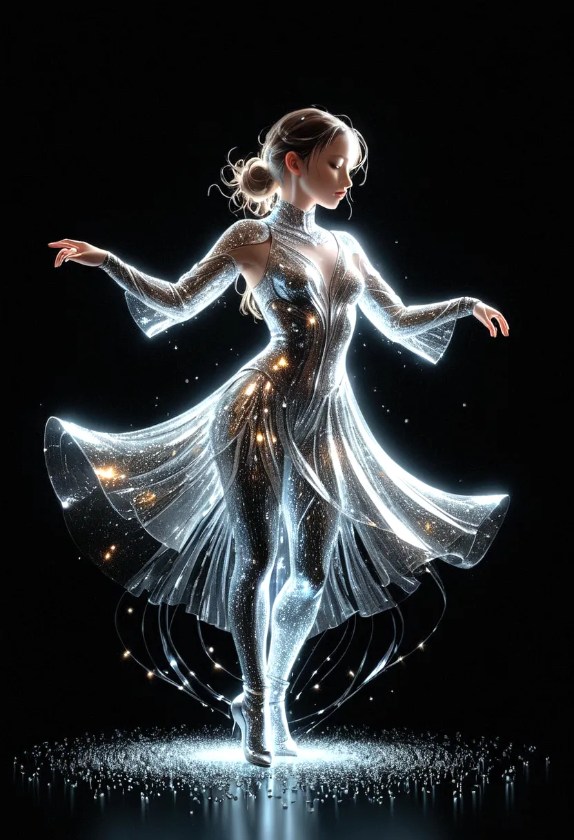 dynamic representation,  dance girl with dynamic pose in three-dimensional light style of glassy translucence outfit , part of t...