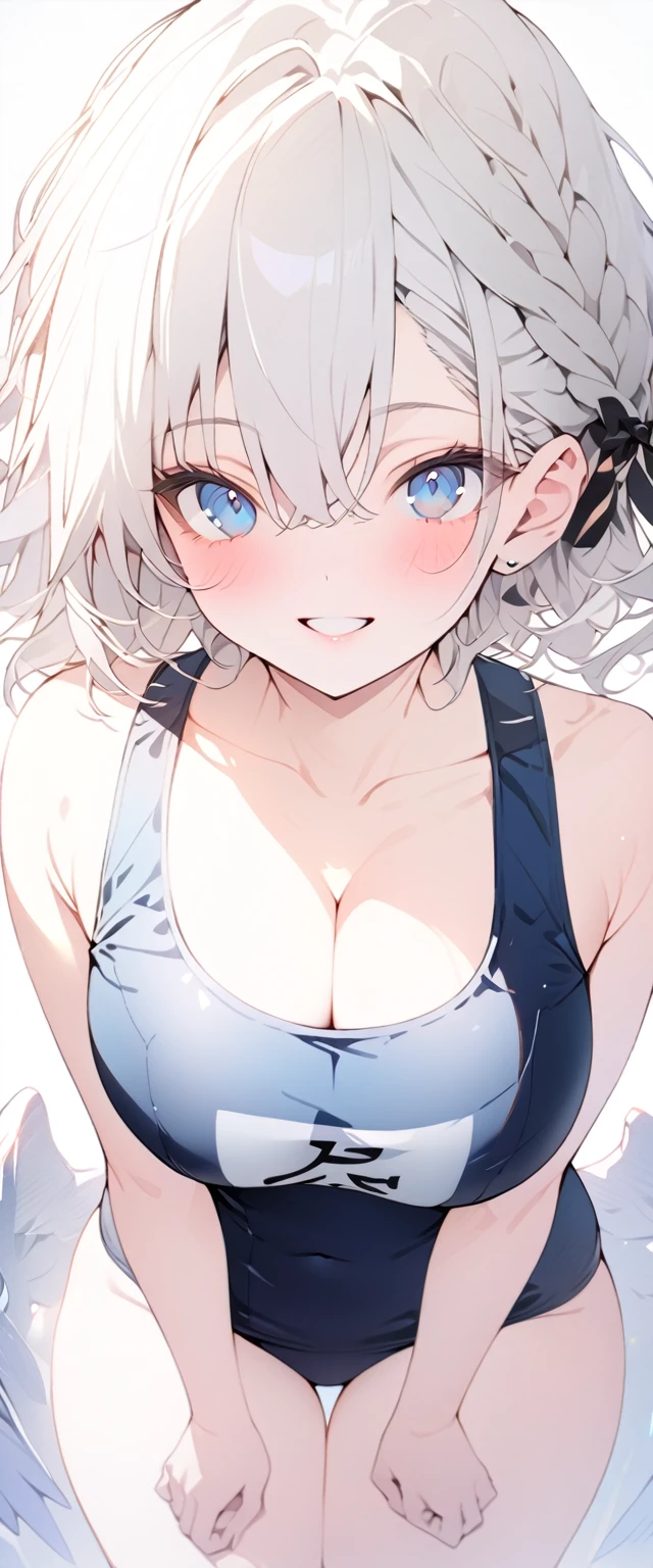 beautiful, masterpiece, Highest quality, anime, One girl,Portrait Shot, View your viewers, Covered、Short Hair、nearby、Blue Eyes、art、White hair,black streaked hair、Thighs、Braid、Bright、smile、Cleavage、 School swimsuit