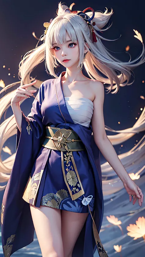 (masterpiece, best quality, dutch angle)(1girl, solo)(white hair,Lapis Lazuli Eyes,Straight long hair)(sarashi,japanese clothes,...