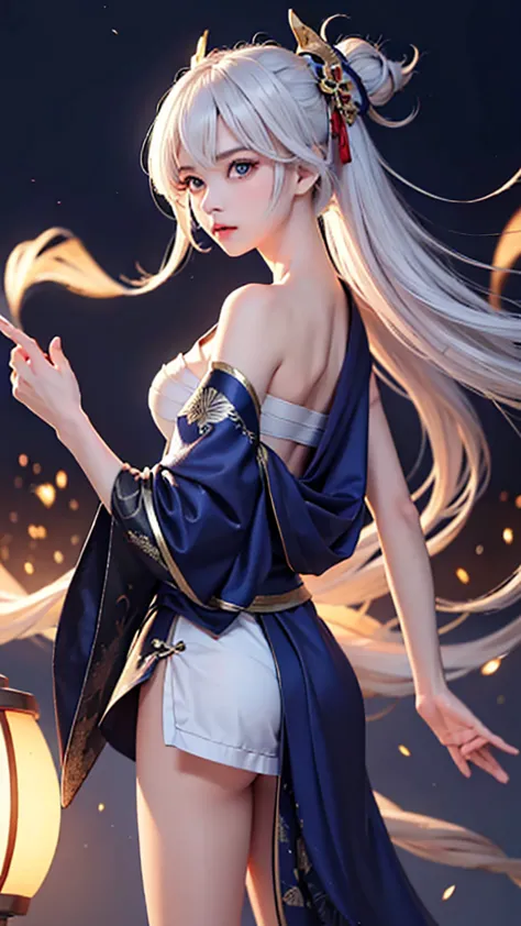 (masterpiece, best quality, dutch angle)(1girl, solo)(white hair,lapis lazuli eyes,straight long hair)(sarashi,japanese clothes,...