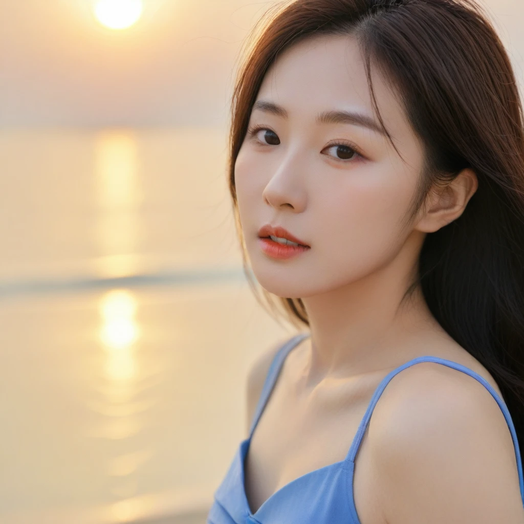 Close up of beautiful Korean woman, Chest size 34 inches, Wear rolled-up sleeveless tops, light skirt, sunset on the beach，바다에 잔광이 비치네sunset on the beach 붉은 태양，A strong lingering scent is reflected in the sea., Beautiful 46-year-old short Korean woman, uhd