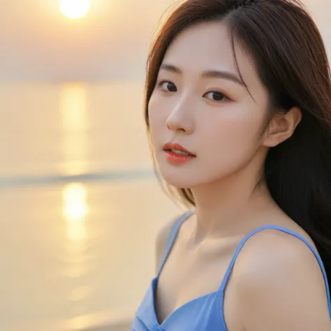Close up of beautiful Korean woman, Chest size 34 inches, Wear rolled-up sleeveless tops, light skirt, sunset on the beach，바다에 잔...
