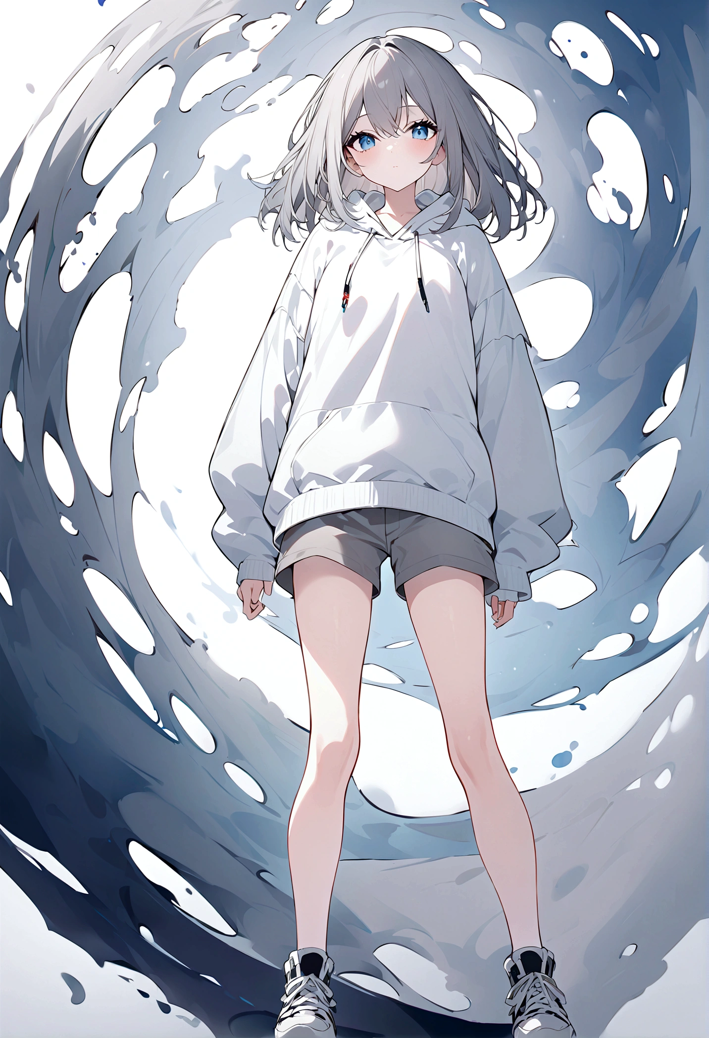 girl,Gray Hair,Blue Eyes,White hoodie,Grey shorts,whole body,front,piece