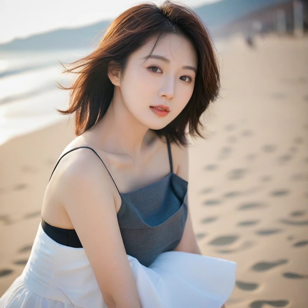 Close up of beautiful Korean woman, Chest size 34 inches, Wear rolled-up sleeveless tops, light skirt, sunset on the beach，바다에 잔광이 비치네sunset on the beach 붉은 태양，A strong lingering scent is reflected in the sea., Beautiful 46-year-old short Korean woman, Short medium hair blowing in the wind,Full-body photo taken from afar with a wide-angle lens, The background is clean and perfect., waves moved by the wind, best high definition