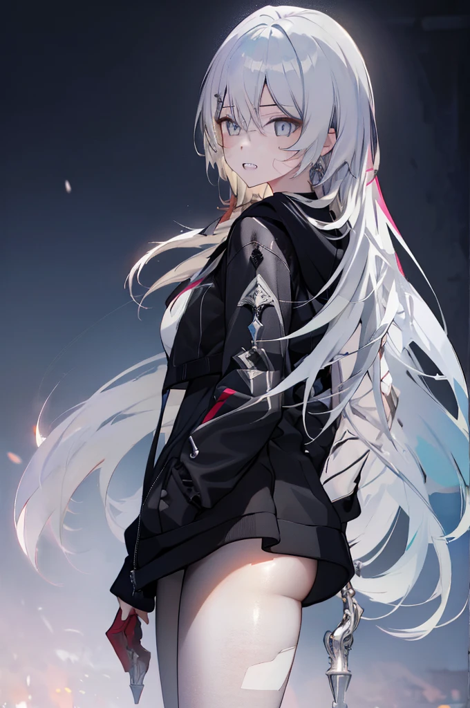 1girl, {Solitary}, Upper Body ,{{ {Watching at viewer}}}, Arms at your sides, Concept Art, white Background, simple Background, White hair, Silver gradient hair , Composite cloth, Asymmetrical clothes, Virtual YouTuber, best quality, masterpiece, Dynamic Angle, , cowboy_shooting, Watching_Back, grab, girl,Miss,woman, young,20 years old, Very long hair, Hair Flip, Silver Hair, Flowing hair, Ahog, giggle, Beautiful and delicate golden eyes, teeth, Large Breasts, Blonde eyes, White skin, hoodie, Black_shorts, Gray clothes, transparent_Background, Backlighting, absurd, high resolution, Extremely detailed,sweater,No pants