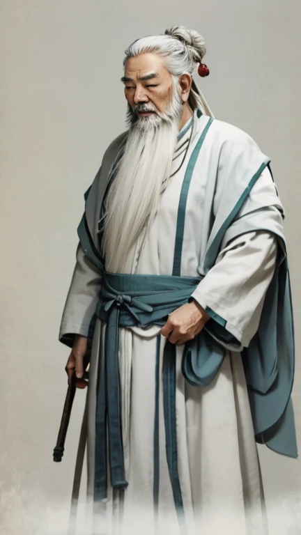 Oriental、Old man in plain white ancient Chinese costume、Ancient Chinese hairstyle old man、Highest quality、masterpiece、Ultra-high resolution、(Realistic:1.4)、Game Poster、Crisp and beautiful image quality、Gray Hair、white and long beard,,(whole body)