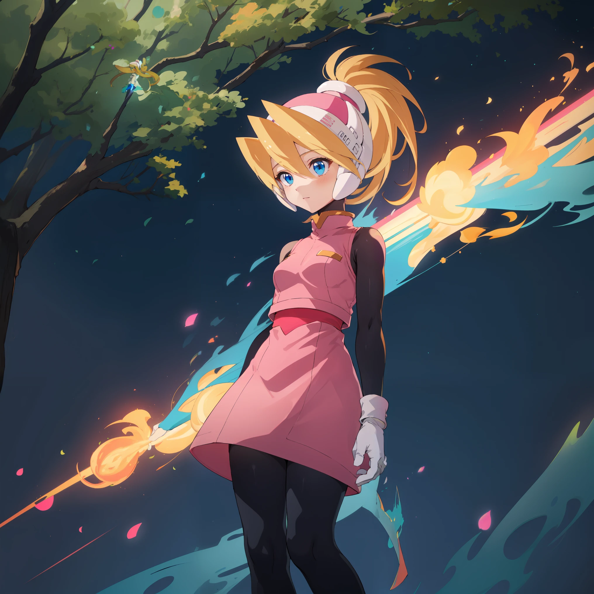 ciel_megamanz, 1girl, solo, long hair, blue eyes, blonde hair, ponytail, headgear, pantyhose, white gloves, pink dress, high quality, masterpiece, standing with green flames coming from a tree