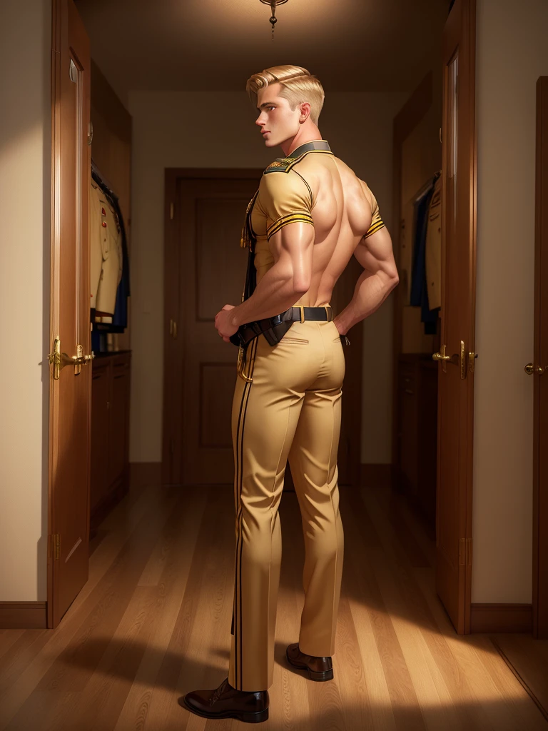 Leyendecker style illustration : A handsome blond guy, 17 years old, looks at the ceremonial officer's uniform of a "Navy Seal" with awards, which hangs on a suit hanger standing on the floor, and engages in masturbation. Watching him from behind is a naked, blond, muscular Navy SEAL officer, 35 years old, handsome and arrogant. The officer has a big dick, an erection, and a boner.