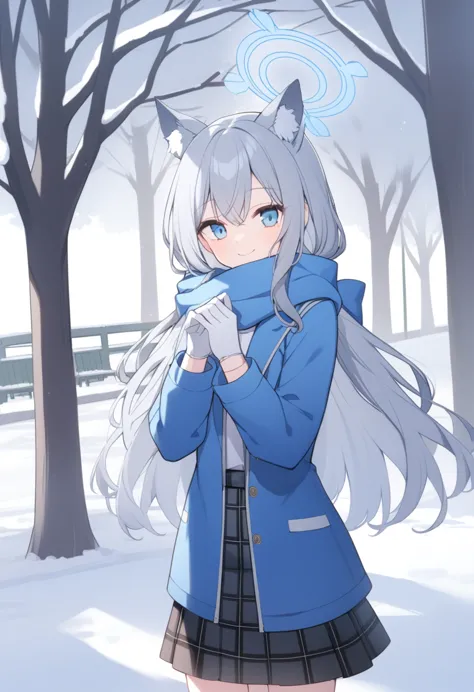 girl，silver long hair, blue eyes, wearing a blue hooded jacket,戴着blue hood，a sky blue scarf, a white t-shirt, white gloves, and ...