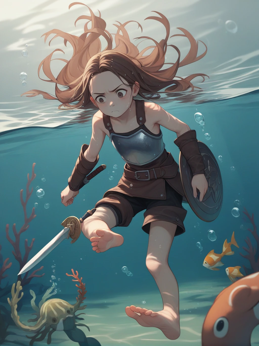 partially underwater,最high quality,high quality, four years old, , Long Hair, Brown Hair, Wet Hair, Flat Chest,leather armor, Equipped with a dagger and a shield,Face above water,Corpses in the water, Underwater Photography,The lobe rolls up due to buoyancy.,Painful face、My feet are being pulled by tentacles、Being dragged into the water、Go Wild