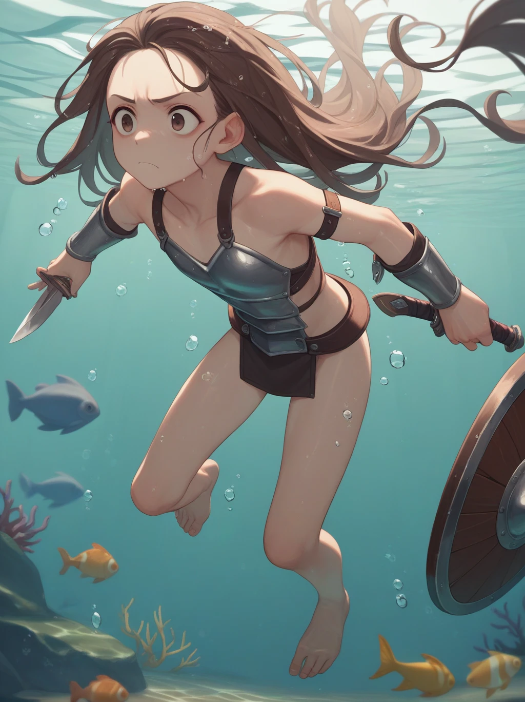 partially underwater,最high quality,high quality, four years old, , Long Hair, Brown Hair, Wet Hair, Flat Chest,leather armor, Equipped with a dagger and a shield,Face above water,Corpses in the water, Underwater Photography,The lobe rolls up due to buoyancy.,Painful face、My feet are being pulled by tentacles、Being dragged into the water、Go Wild