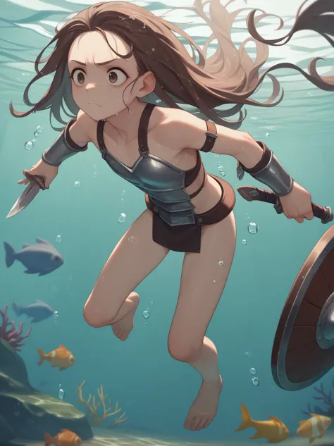 partially underwater,最high quality,high quality, four years old, , long hair, brown hair, wet hair, flat chest,leather armor, eq...