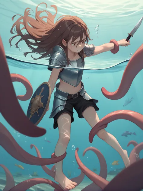 partially underwater,最high quality,high quality, four years old, , Long Hair, Brown Hair, Wet Hair, Flat Chest,leather armor, Eq...