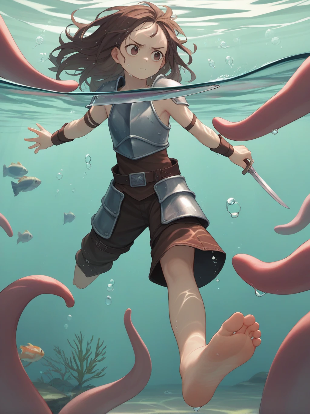 partially underwater,最high quality,high quality, four years old, , Long Hair, Brown Hair, Wet Hair, Flat Chest,leather armor, Equipped with a dagger and a shield,Face above water,Corpses in the water, Underwater Photography,The lobe rolls up due to buoyancy.,Painful face、My feet are being pulled by tentacles、Being dragged into the water、Go Wild