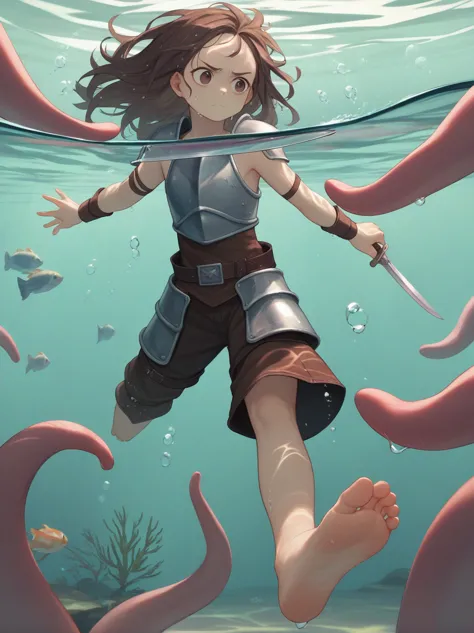 partially underwater,最high quality,high quality, four years old, , Long Hair, Brown Hair, Wet Hair, Flat Chest,leather armor, Eq...