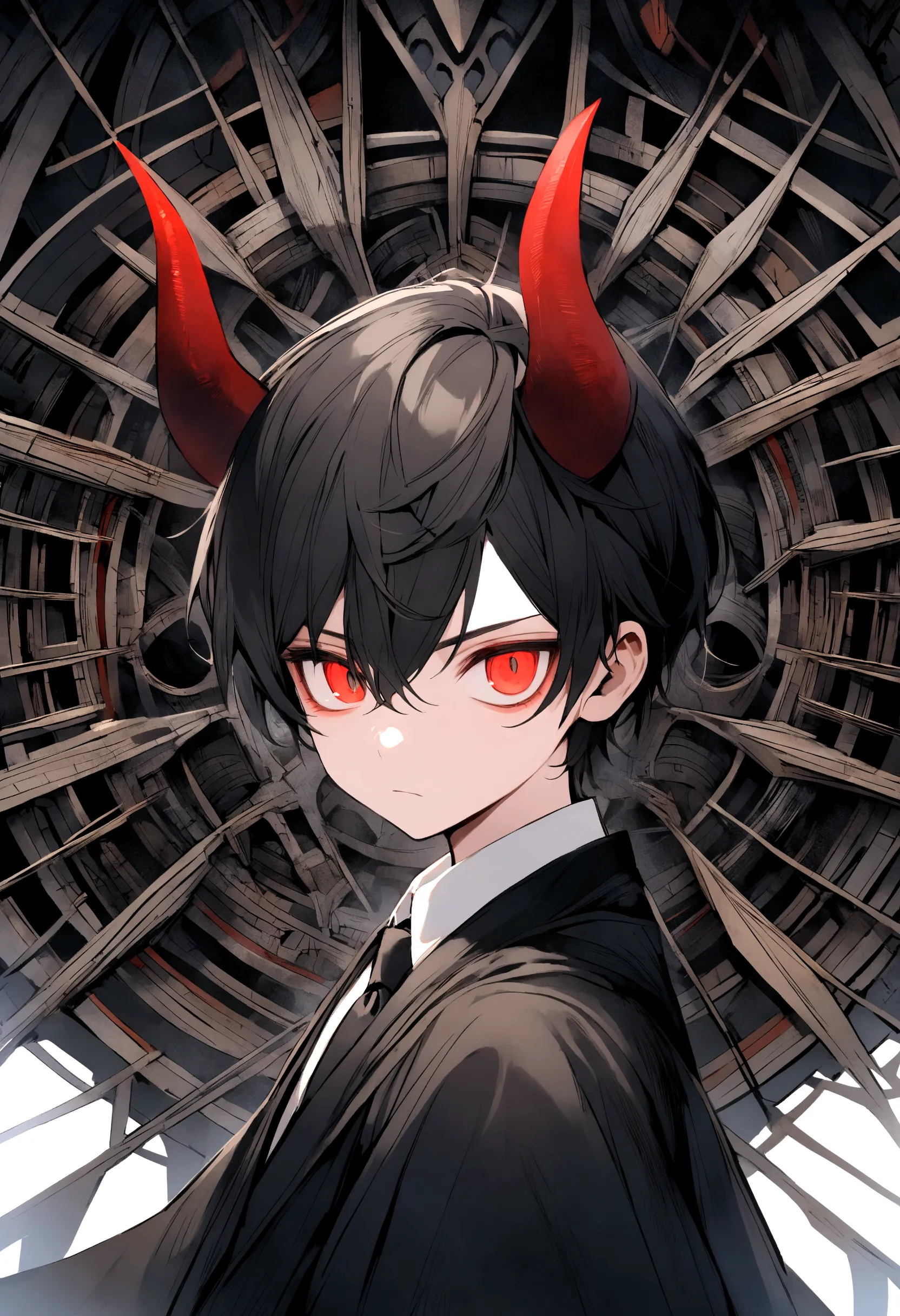 The boy wears a white shirt, wears a black tie, wears a black robe, has black hair, has red horns, has gray eyes and has red eyes. 