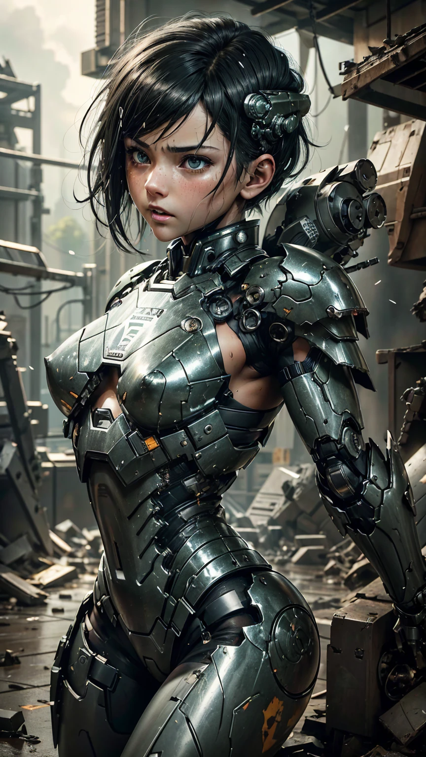 Textured skin, Very detailed, Attention to detail, high quality, 最high quality, High resolution, 1080P, hard disk, beautiful,(War Machine),beautifulサイボーグ女性,Mecha Cyborg Girl,Battle Mode,Girl with a mechanical body　Black Hair　Short Hair Boyish　Dark green armor　Sweaty and wet face　defeat　(Damaged Armor)　(suffer severe damage)　(Being slammed into a wall)(Headgear breaks and flies off)　(Debris flying away)Steam coming from the head　Steam coming out of the whole body　Pained and distressed look　Please open your mouth wide　Snug-fitting headgear　Black Inner Suit　Full body portrait（front）