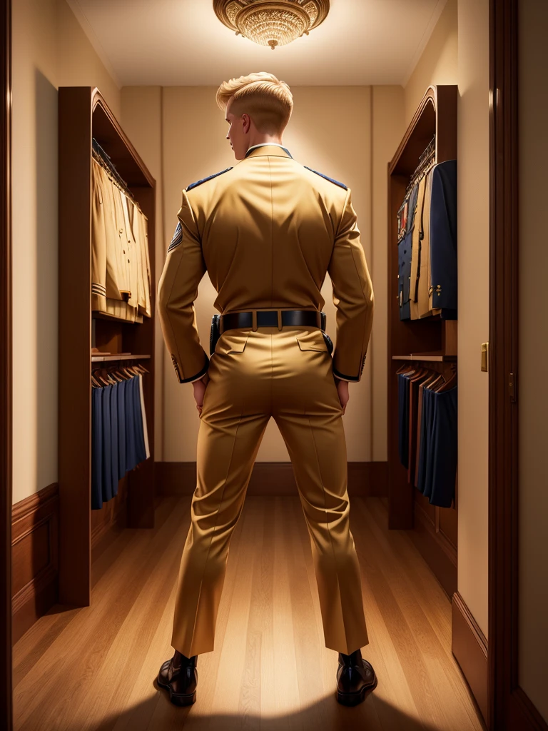 Leyendecker style illustration : A handsome blond guy, 17 years old, looks at the ceremonial officer's uniform of a "Navy Seal" with awards, which hangs on a suit hanger standing on the floor, and engages in masturbation. Watching him from behind is a naked, blond, muscular Navy SEAL officer, 35 years old, handsome and arrogant. The officer has a big dick, an erection, and a boner.