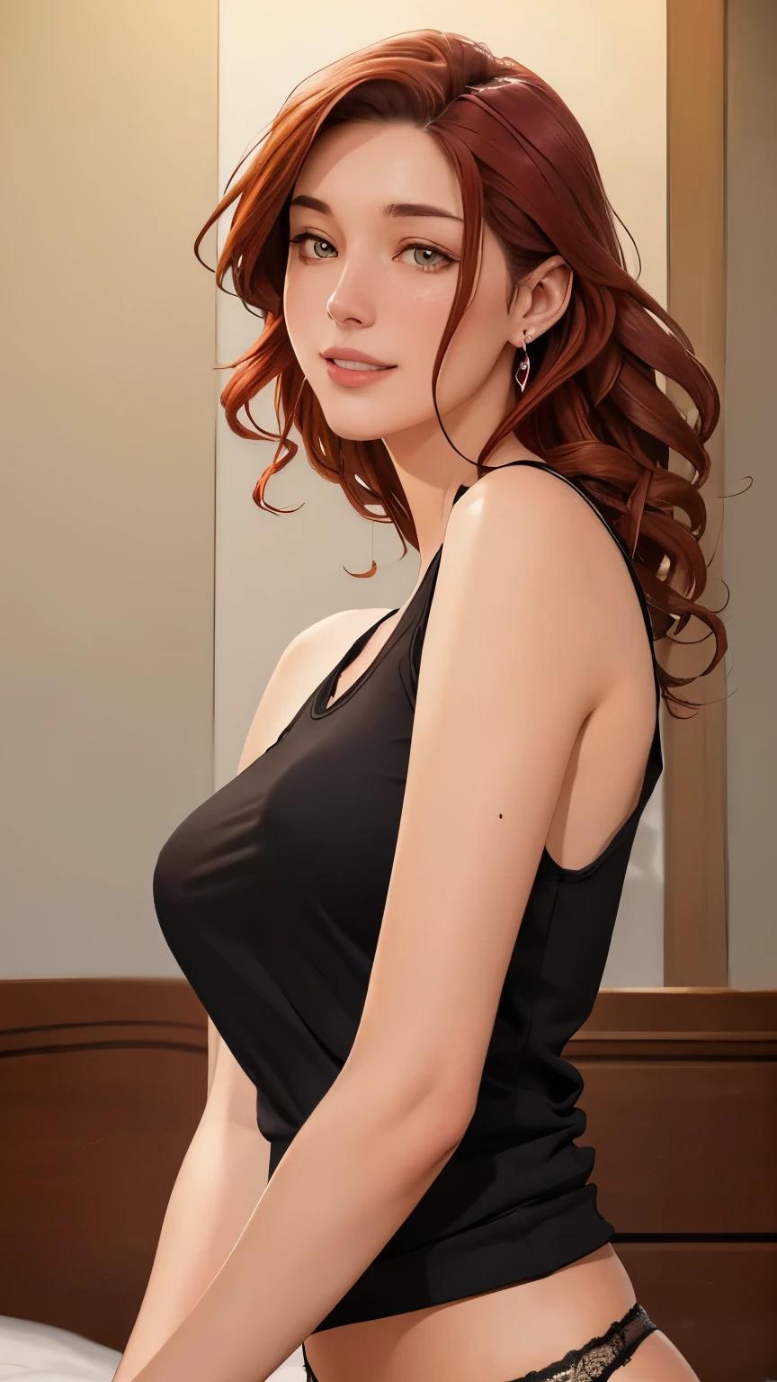 ((((masterpiece, Highest quality, High resolution)))), Extremely detailed 8K, Beautiful girl with a voluptuous body, (Ultra HD, Super detailed, Very detailed, Very realistic, Ultra-realistic, Photo Real), (One girl:1.5), (Realistic red hair), (Long Wavy Hair, hair ornaments, Earrings), (Dynamic pose), To the camera, View your viewers, (blush, Embarrassing, smile), (Hazel Eyes, Sharp eyes), (Large firm breasts:1.2), (Beautifully detailed face, Beautiful attention to detail), ((Black tank top, Thin material, Lace panties)), (detailed pussy), (stand up), Sweat, shine, (Sunbeam, sunlight), ((Cowboy Shot)), Bedroom, Fascinating